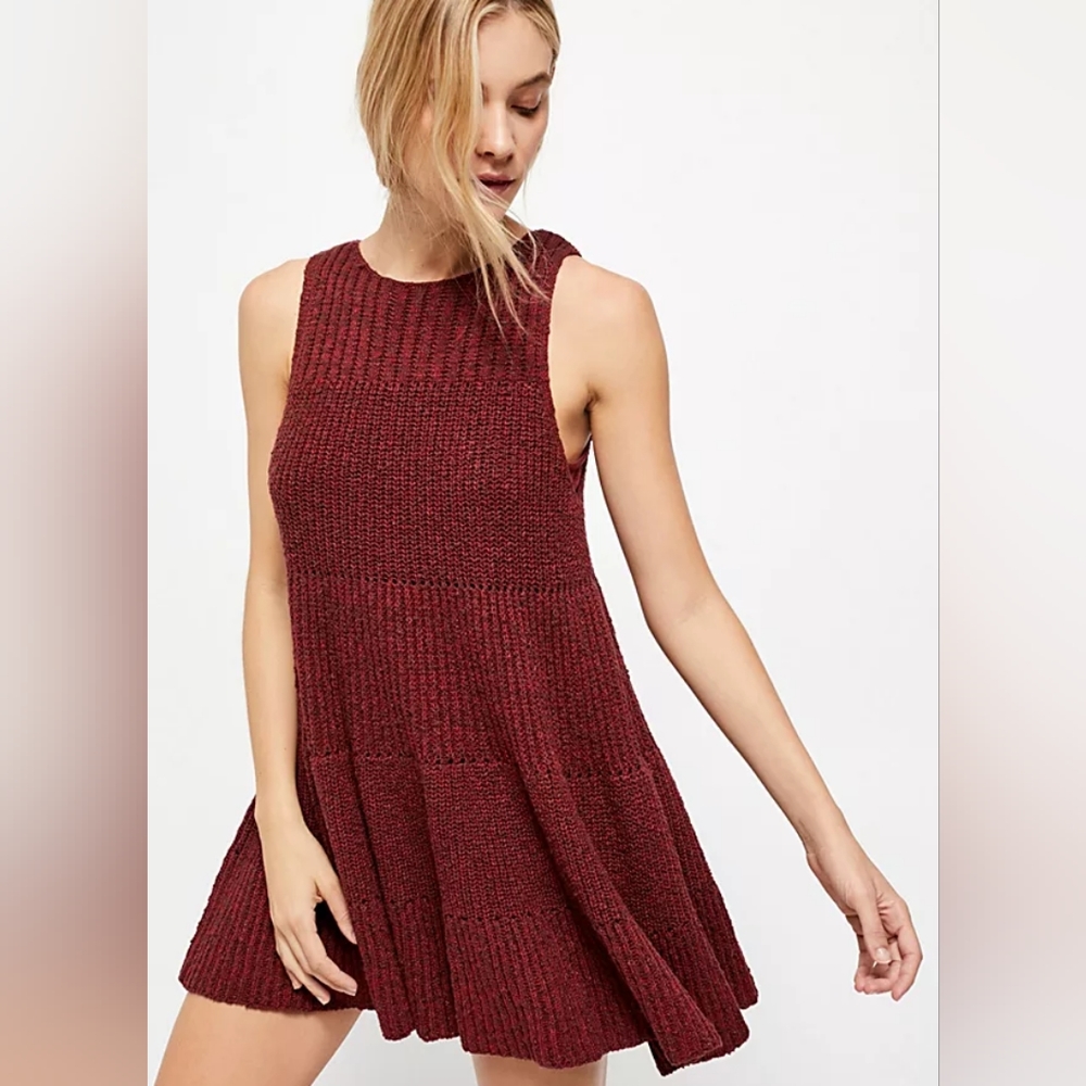 Free People Ribbed Knit A-Line Mini Dress in Burgundy